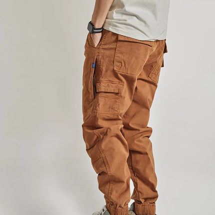 Autumn New American Retro Woven Cargo Pants Men's 97.5% Cotton Washed Elastic Waist Drawstring Loose Casual Anke-tied Trousers