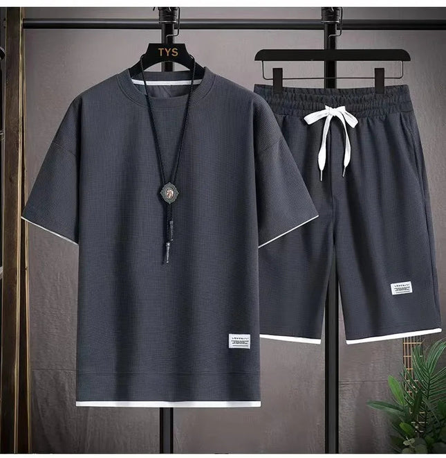 2026 nuovi set di waffle da uomo estivi T-shirt e pantaloncini casual Set tuta sportiva maschile tuta tinta unita abiti larghi platinumshop