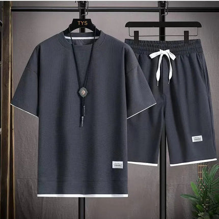 Waffle manica corta e pantaloncini estivi da uomo in due pezzi tuta sportiva Casual da uomo comodi pantaloncini freschi Set oversize platinumshop