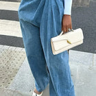 Jeans da Donna a Gamba Larga Lavati a Vita Alta con Pieghe e Effetto Distressed, Denim Vintage Primavera 2026, Pantaloni Femminili Streetwear a Tutta Lunghezza