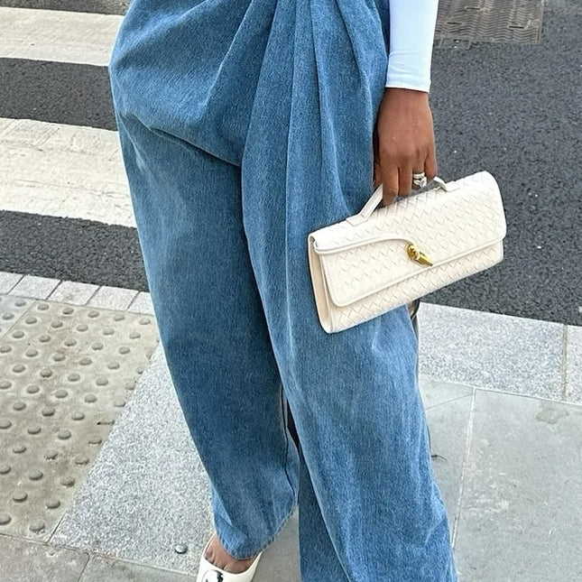 Jeans da Donna a Gamba Larga Lavati a Vita Alta con Pieghe e Effetto Distressed, Denim Vintage Primavera 2026, Pantaloni Femminili Streetwear a Tutta Lunghezza