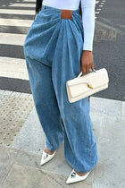 Jeans da Donna a Gamba Larga Lavati a Vita Alta con Pieghe e Effetto Distressed, Denim Vintage Primavera 2026, Pantaloni Femminili Streetwear a Tutta Lunghezza