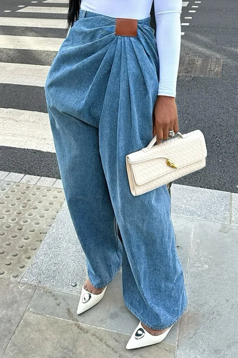 Women's High-Waisted Washed Wide Leg Jeans with Pleats and Distressed Effect, Vintage Denim Spring 2026, Full Length Streetwear Pants