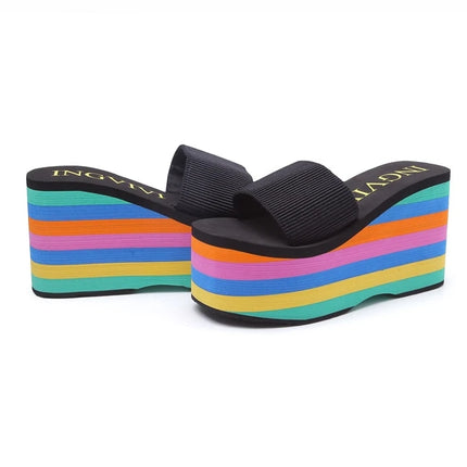 Rainbow Flip-Flops Women's Beach Sandals Summer Frosted Strap Super High Wedge Slippers Women's Summer Slippers