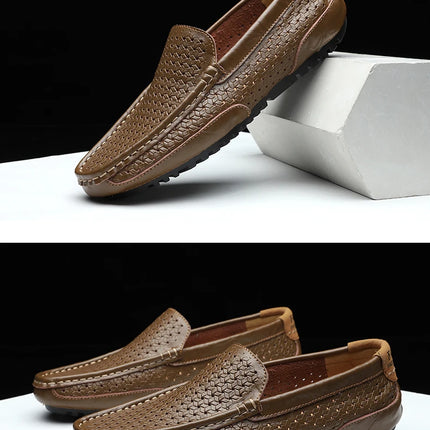Mocassini da Uomo Estivi 2026 in Vera Pelle di Lusso, Scarpe Casual Traspiranti con Intaglio, Slip-on da Guida