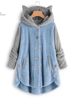 Cat Print Long Hoodies Sweatshirt Women Fleece Warm Button Pocket Pullovers Cat Ear Plus Size Hoodie Top Blouse Sweat Femme