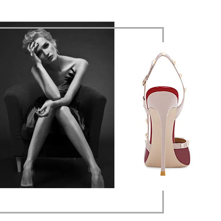Nuovi tacchi alti europei e americani sexy vino rosso per le donne tacchi sottili punta a punta, bocca poco profonda, sandali con scarpa singola rivettata