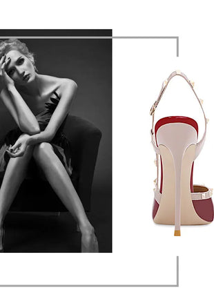 Nuovi tacchi alti europei e americani sexy vino rosso per le donne tacchi sottili punta a punta, bocca poco profonda, sandali con scarpa singola rivettata