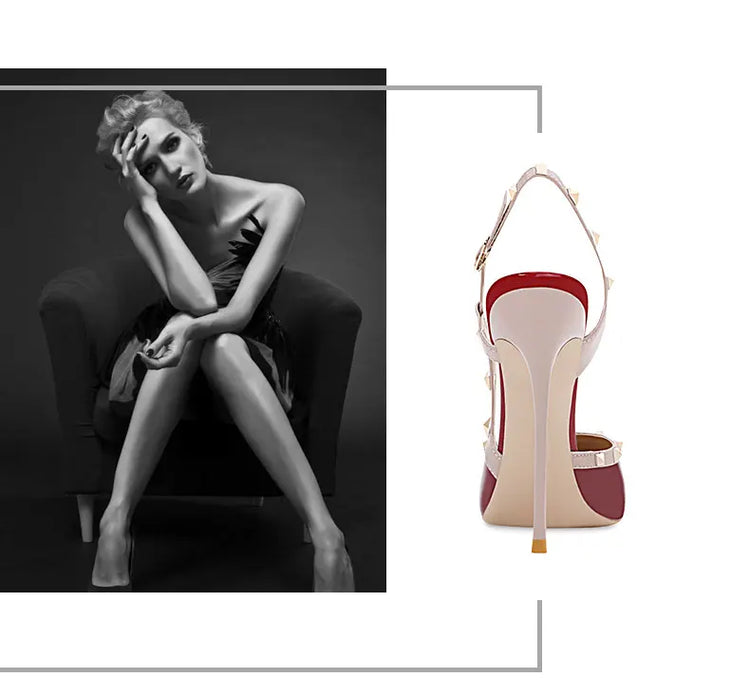 Nuovi tacchi alti europei e americani sexy vino rosso per le donne tacchi sottili punta a punta, bocca poco profonda, sandali con scarpa singola rivettata