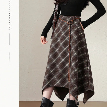 Women Faux Woolen Plaid Long Skirts Korean Vintage Belt Loose High Waist A Line Skirt Casual Fall Winter Irregular Retro Skirts PlatiNum