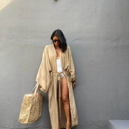 Solid Beach Cover Up Women Self Belted Wrap Kimono Dress Costume da bagno 2025 New Robe Summer Beachwear Fornitura in fabbrica platinumshop
