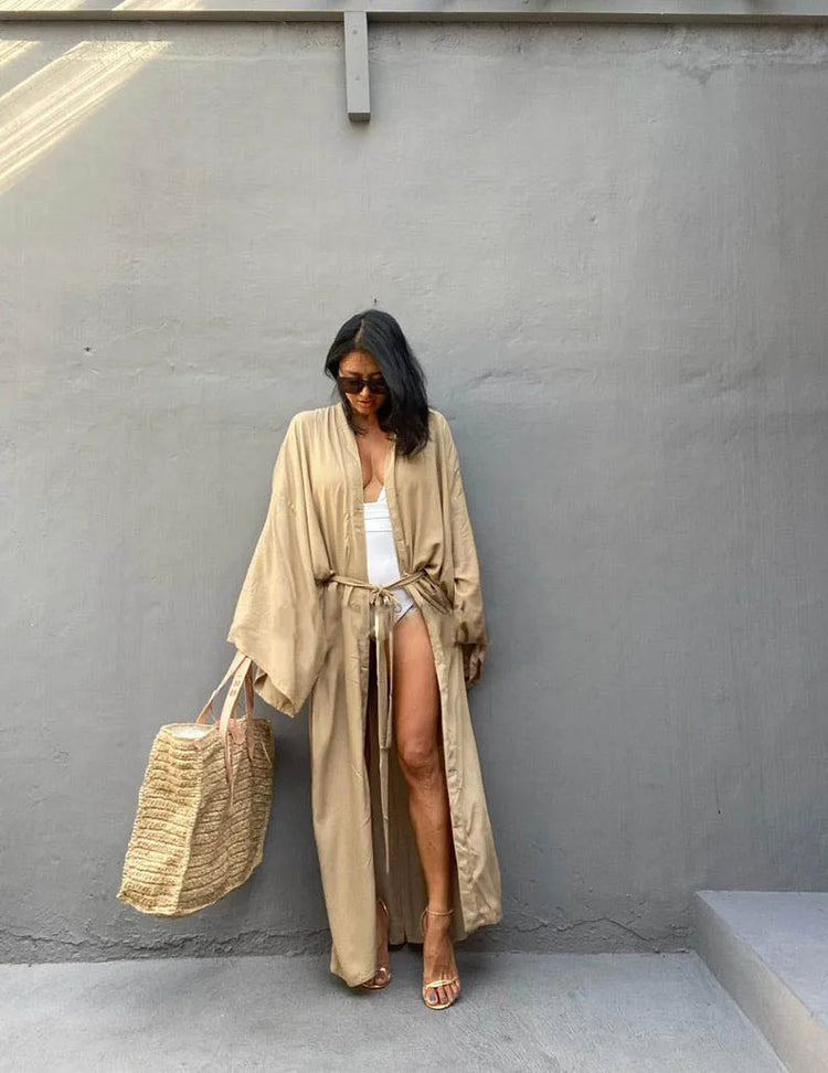 Solid Beach Cover Up Women Self Belted Wrap Kimono Dress Costume da bagno 2025 New Robe Summer Beachwear Fornitura in fabbrica platinumshop