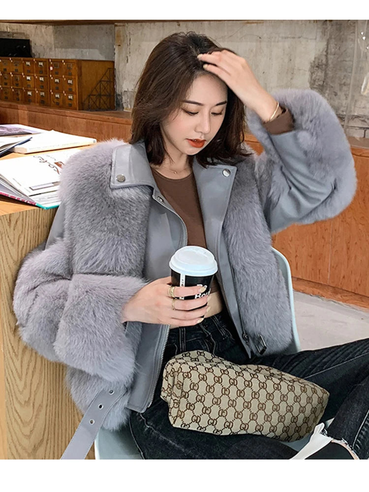 ZADORIN Top Fashion Luxury FAUX Fox Fur Coat Motorcycle PU Leather Turn Down Collar Warm Faux Fur Jacket Women Autumn Winter New