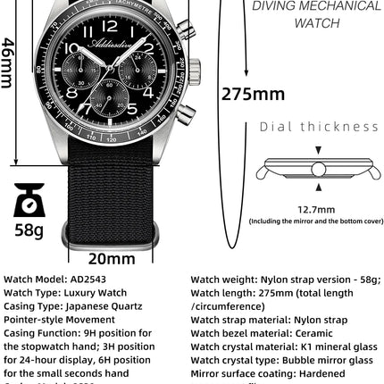 ADDIESDIVE Men's Chronograph Quartz Watch 37mm Bubble Glass 100m Waterproof Watches Ceramic Bezel BGW9 Luminous Sport Wristwatch