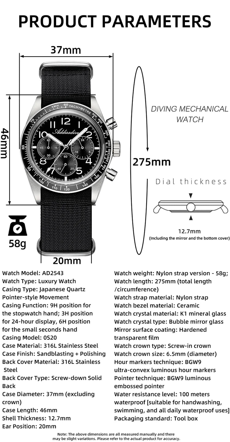ADDIESDIVE Men's Chronograph Quartz Watch 37mm Bubble Glass 100m Waterproof Watches Ceramic Bezel BGW9 Luminous Sport Wristwatch