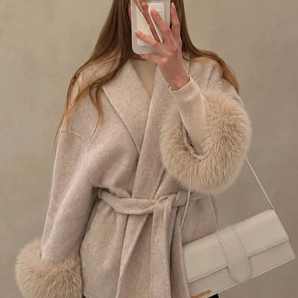 Tossy Fox Fur Wool Overcoat Women's Short Coat Office Lady Elegant Double-sided Woolen Coat 2025 New Cardigan Jackets Loose Wool