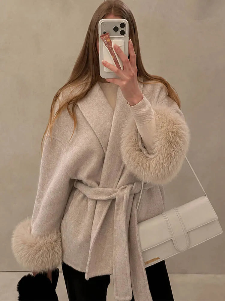 Tossy Fox Fur Wool Overcoat Women's Short Coat Office Lady Elegant Double-sided Woolen Coat 2025 New Cardigan Jackets Loose Wool