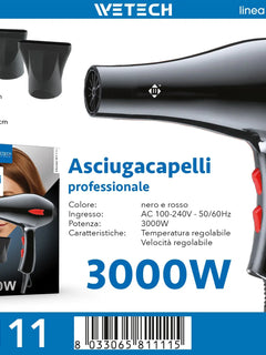 WETECH W1111 Professional Hair Dryer 3000W High Power Blow Dryer Adjustable Temperature & Wind Speed With 2Pcs Concentrator Nozzles AC100-240V Universal Voltage Salon Home Hair Styling Tool
