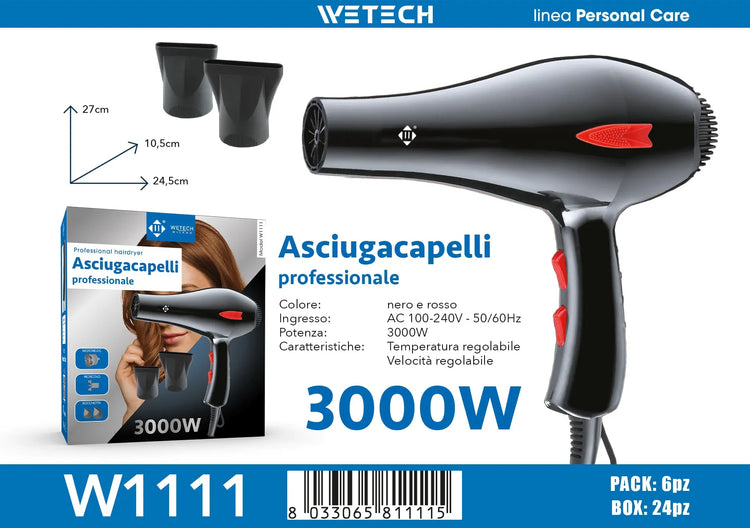 WETECH W1111 Professional Hair Dryer 3000W High Power Blow Dryer Adjustable Temperature & Wind Speed With 2Pcs Concentrator Nozzles AC100-240V Universal Voltage Salon Home Hair Styling Tool