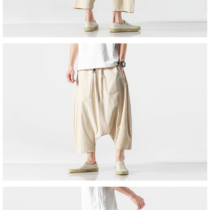 Pantaloncini Estivi da Uomo Oversize Casual Stile Harem Vintage in Cotone e Lino Comodi a Gamba Larga con Elastico in Vita Taglie Grandi