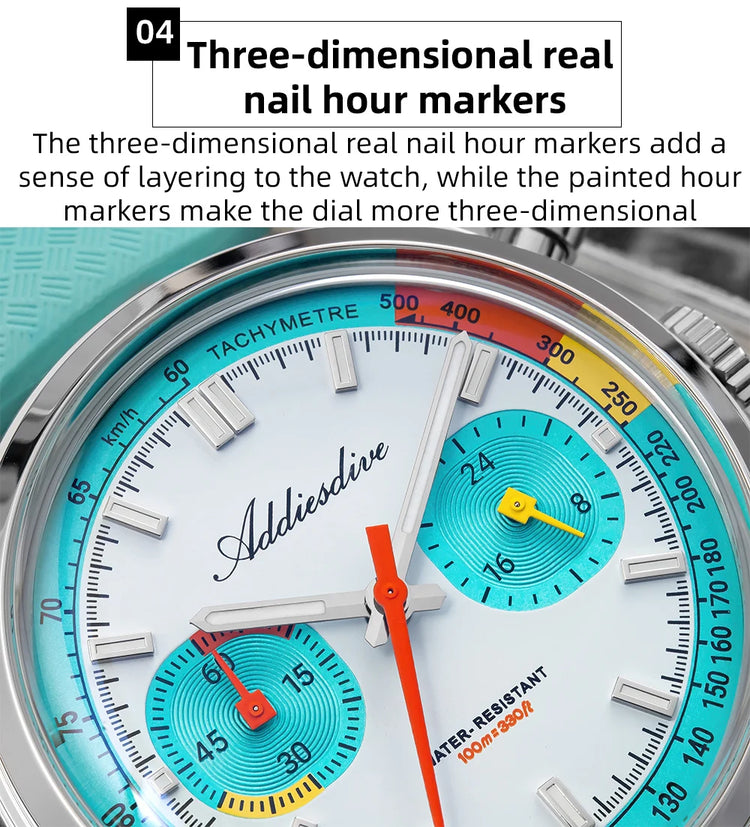 ADDIESDIVE New Men Watch 38mm VK64 Chronograph Fluororubber Luxury Domed Glass BGW9 Luminous 100m Waterproof Quartz Wristwatch