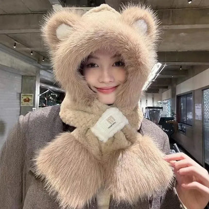 Women's Hat Beanie Balaclava Winter Cap Winter Women's Cute Thickened Fox Plush Hat Scarf Glove Three-in-one Cycling Warmth