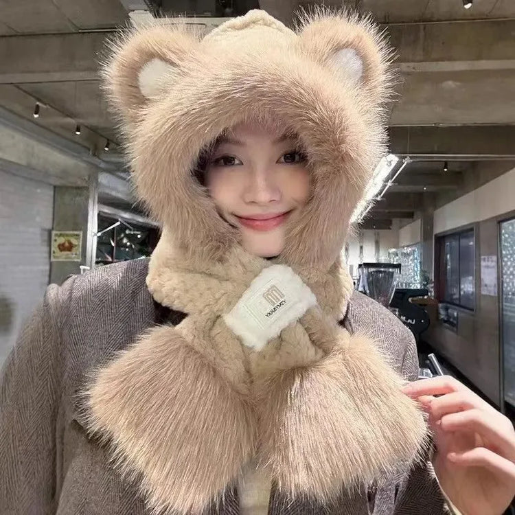 Women's Hat Beanie Balaclava Winter Cap Winter Women's Cute Thickened Fox Plush Hat Scarf Glove Three-in-one Cycling Warmth