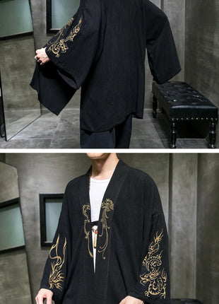 Trench da uomo ricamato in cotone Hanfu Lino Abito stile cinese Giacca cardigan Casual Kimono oversize 5XL Cappotto antico maschile