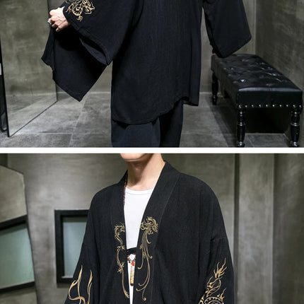 Trench da uomo ricamato in cotone Hanfu Lino Abito stile cinese Giacca cardigan Casual Kimono oversize 5XL Cappotto antico maschile