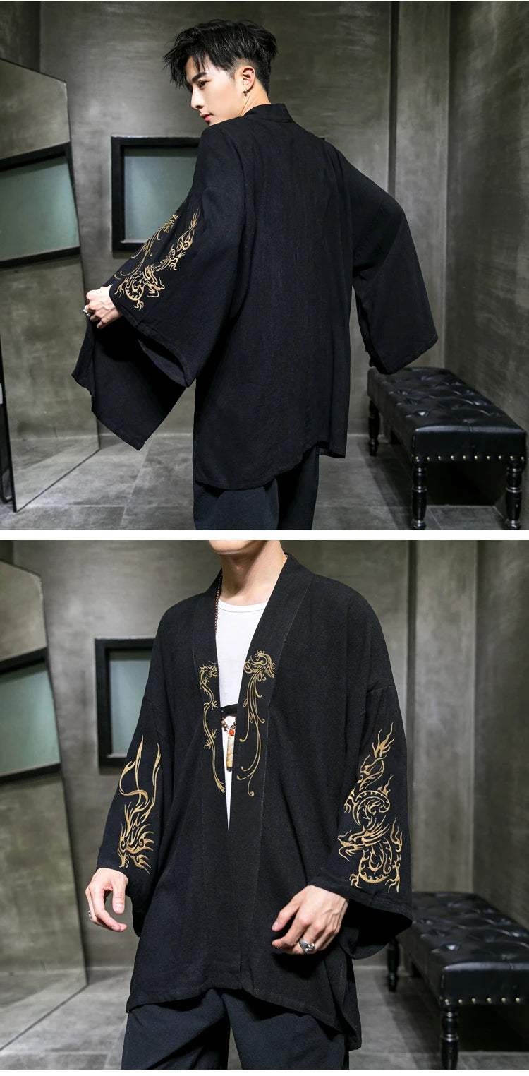Trench da uomo ricamato in cotone Hanfu Lino Abito stile cinese Giacca cardigan Casual Kimono oversize 5XL Cappotto antico maschile