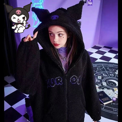 Sanrio Anime Kuromi Clothes Women Black Embroidery Hoodies Y2k Tops Autumn Winter Thin Coat Female Fashion Loose Sweatshirt