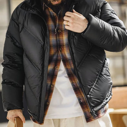 Maden Men's 90% White Duck Down Jacket Black Stand Collar Short Quilted Puffer Jacket Thermal Coat for Winter Streetwear