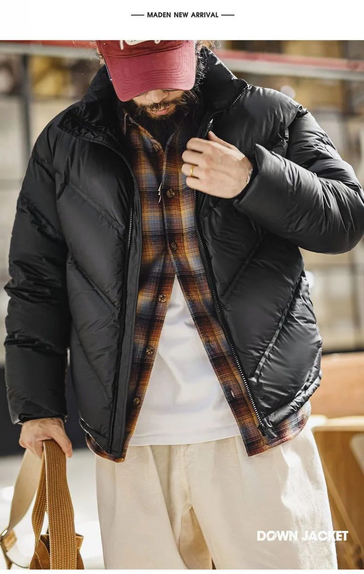 Maden Men's 90% White Duck Down Jacket Black Stand Collar Short Quilted Puffer Jacket Thermal Coat for Winter Streetwear