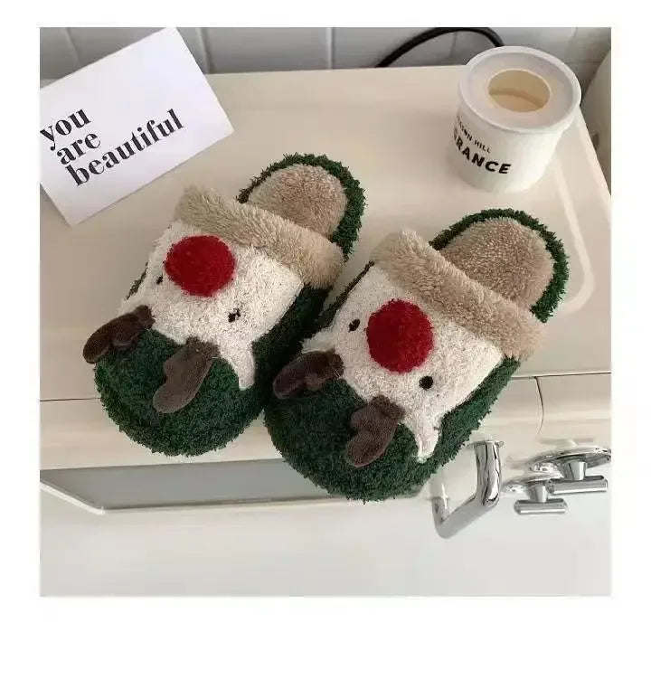 Winter Christmas Women Home Slippers Men Indoor Soft Non-slip Sandals Couples Warm Plush Flat Slides Adults Unisex Lovely Shoes