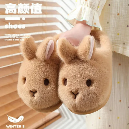 Women's Cute Rabbit Cotton Slippers Autumn and Winter Cartoon 3D Bunny with Plush Insulation, Thick Bottom, Home Plush Slippers