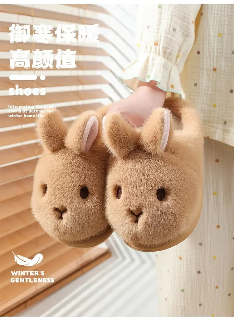 Women's Cute Rabbit Cotton Slippers Autumn and Winter Cartoon 3D Bunny with Plush Insulation, Thick Bottom, Home Plush Slippers