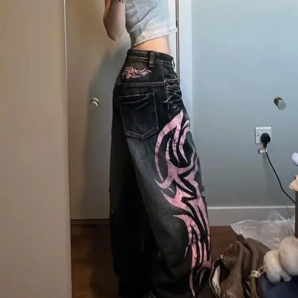 Y2K Street Retro Jeans Donna Pantaloni larghi con stampa totem screziati Moda Hip Hop Trend Coppia allentata Pantaloni larghi a gamba larga dritti americani