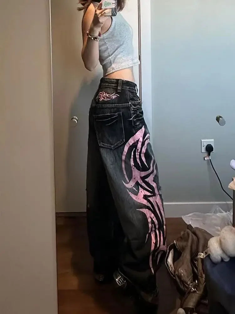 Y2K Street Retro Jeans Donna Pantaloni larghi con stampa totem screziati Moda Hip Hop Trend Coppia allentata Pantaloni larghi a gamba larga dritti americani