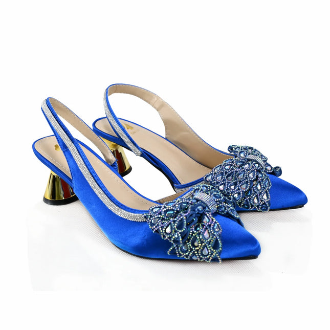 Haniye Blue Italian Design High Heel Shoe and Bag Set Decorated with Rhinestones Elegant Pointed Toe with Ankle Strap