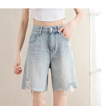 Blue Denim Shorts For Women High-Waisted Loose-Fit Slimming Casual Straight-Leg Mid-Length Summer New Arrival 2024 PlatiNum