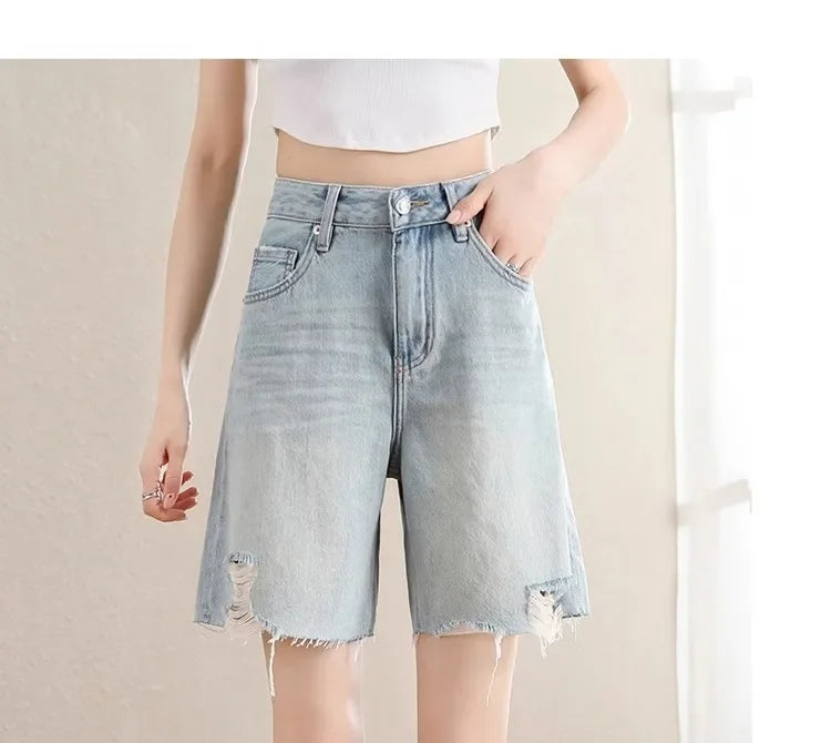 Blue Denim Shorts For Women High-Waisted Loose-Fit Slimming Casual Straight-Leg Mid-Length Summer New Arrival 2024 PlatiNum