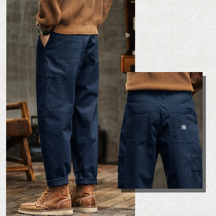 HIQOR Mens Clothing Spring Autumn Cargo Pants Man Cotton Casual Loose Trouser Belt Mid Waist Joggers Male Straight Baggy Pants