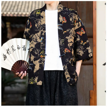 Camicie in Lino Stile Etnico con Stampa Yukata per Uomo e Donna, Abbigliamento Asiatico, Kimono Giapponese Harajuku, Camicie Retrò da Uomo