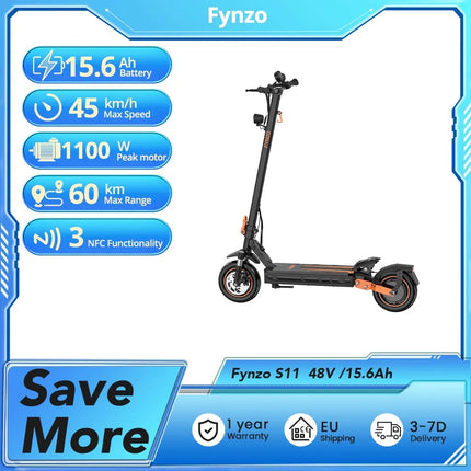 Monopattino Elettrico Pieghevole Fynzo S11, Velocità Massima 45km/h, 1100W 48V/15.6Ah, Doppia Sospensione, Autonomia 60km, Pneumatici Tubeless da 10'', Potenza di Picco 1100W, NFC