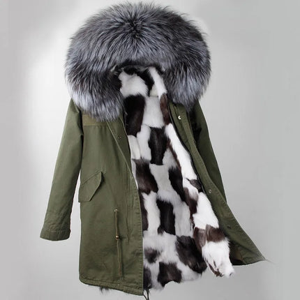 Winter Long Jacket Real Fur Coat Women Clothes Large Silver Fox Fur Collar Detachable Natural Fox Lining Parkas Leather Fur