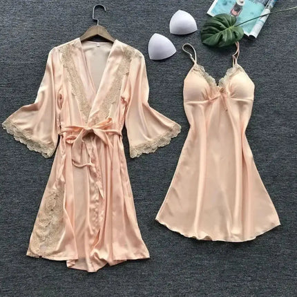 2PCS Women Lace Pajama Set Satin Home Pyjamas Lace Robe V-Neck Nightgown Bridal Silk Gown Women's Nightwear