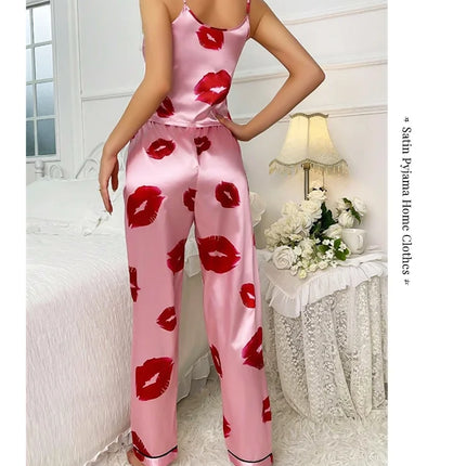 Pigiama da donna in raso con stampa labbra Top Cami con scollo a v e pantaloni elastici per le donne pigiama comodo sonno e abbigliamento da casa
