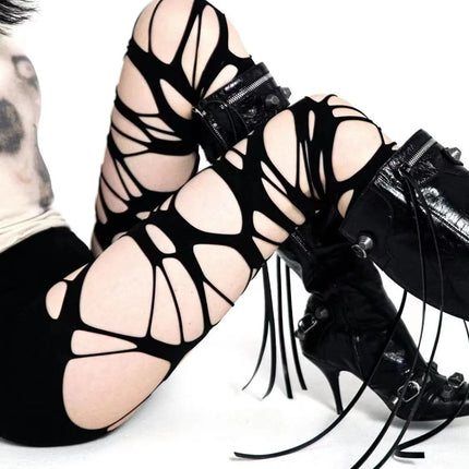 Calza traforata sexy da donna Halloween gotico nero punk cinturino strappato Y2k collant sfilacciato calze intimo festa collant