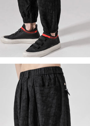 Pantaloni a gamba larga da uomo in cotone e lino casual oversize Harajuku pantaloni alla moda da uomo samurai giapponese retrò Ukiyo-e stampa pantaloni con cintura da uomo