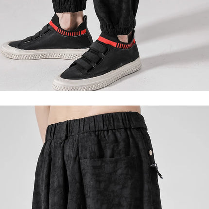 Pantaloni a gamba larga da uomo in cotone e lino casual oversize Harajuku pantaloni alla moda da uomo samurai giapponese retrò Ukiyo-e stampa pantaloni con cintura da uomo